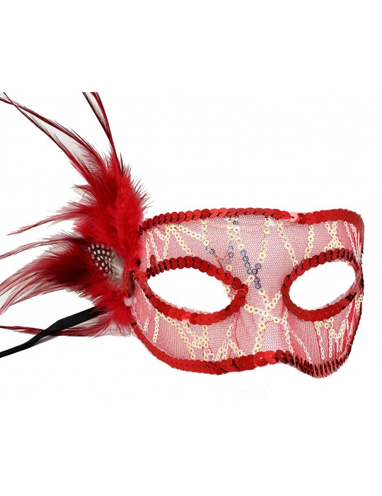 Kırmızı Renk Yandan Tüylü Pul Payet İşlemeli Parti Maskesi 23x12 cm