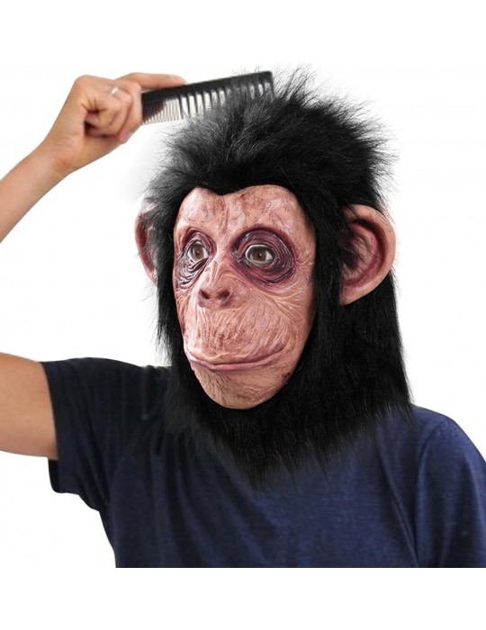 Siyah Saçlı Kafaya Tam Geçmeli Lateks Şempanze Maskesi - Lateks Maymun Orangutan Goril Maske Et Maske