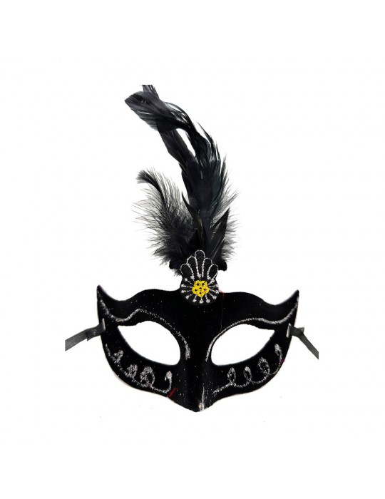 Siyah Renk Tüylü Siyah Süet Kaplama Parti Balo Maskesi 20X16 cm