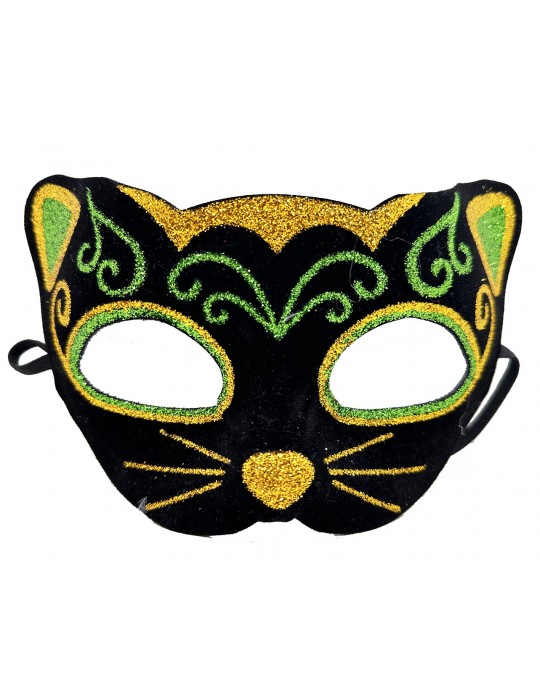 Siyah Kadife Kaplama Üzeri Sarı Yeşil Sim İşlemeli Kedi Maskesi 20x13 cm
