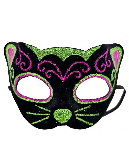 Siyah Kadife Kaplama Üzeri Pembe Yeşil Sim İşlemeli Kedi Maskesi 20x13 cm