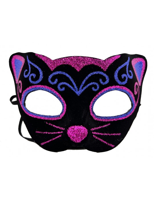Siyah Kadife Kaplama Üzeri Pembe Mavi Sim İşlemeli Kedi Maskesi 20x13 cm