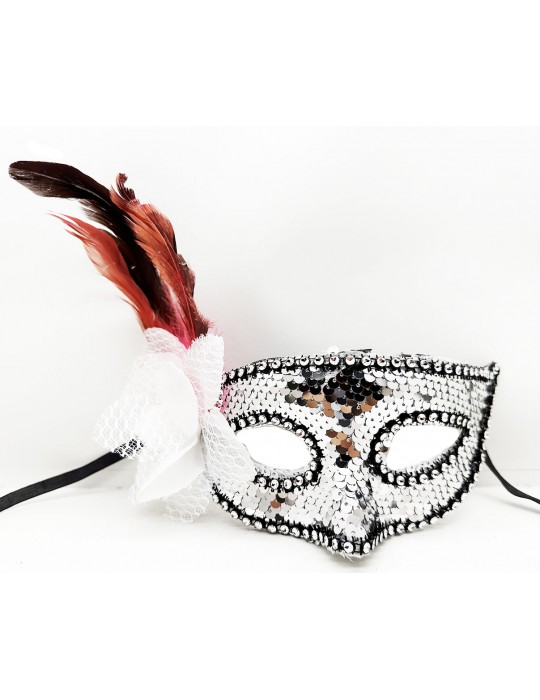 Gümüş Renk Yandan Tüylü Güllü Gümüş Taşlı Pullu Maske 20x22 cm