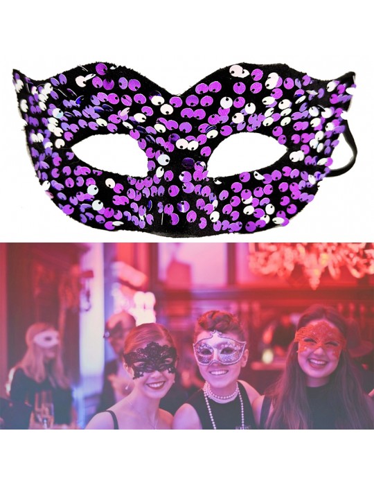 Mor Renk Arkadan Lastikli Pul Payet İşlemeli Balo After Parti Maskesi