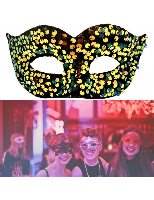 Altın Renk Arkadan Lastikli Pul Payet İşlemeli Balo After Parti Maskesi