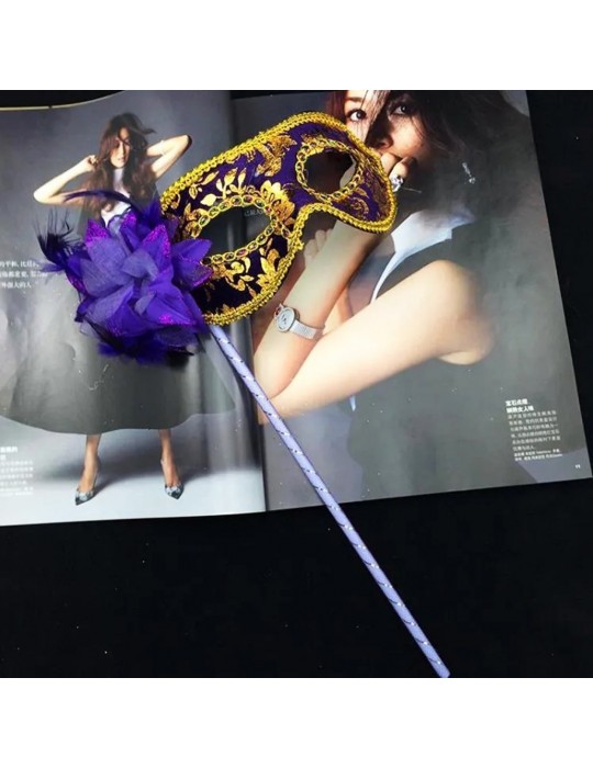 Lüks Taşlı Saplı Maskeli Balo Maskesi Mor Renk 35 cm