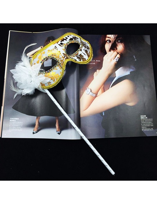 Lüks Taşlı Saplı Maskeli Balo Maskesi Beyaz Renk 35 cm