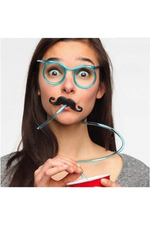 Pipetli Parti Gözlüğü - Çocuk ve Yetişkin Bıyıklı Pipet Gözlük Mavi Renk 18x14 cm