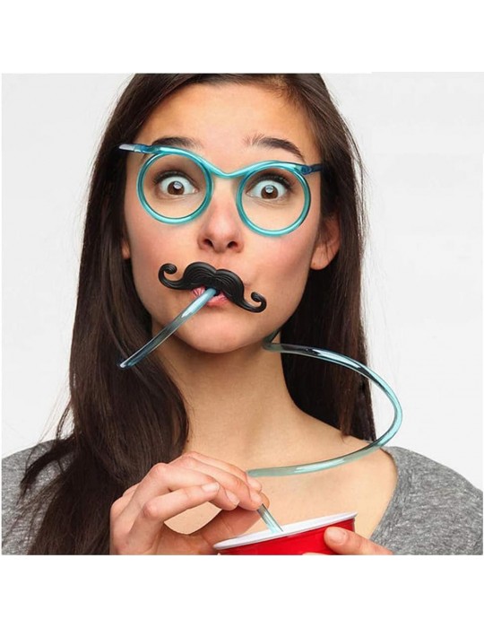 Pipetli Parti Gözlüğü - Çocuk ve Yetişkin Bıyıklı Pipet Gözlük Mavi Renk 18x14 cm