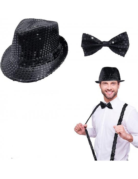 Siyah Payetli Şapka ve Papyon Seti – Parıltılı Yetişkin Kostüm Seti