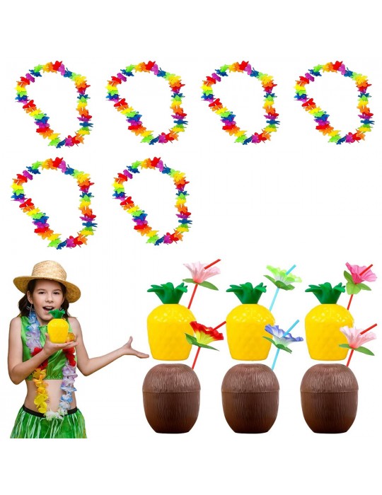 Tropikal Hawaii Parti Malzemeleri – Kolye, Pipet, Bardak Seti