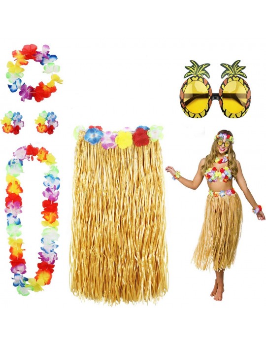 Hawaii Parti Kostüm Seti - 60 cm Hasır Etek, Çiçekli Aksesuarlar ve Ananas Gözlük