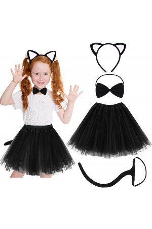Beyaz Kulaklı Kedicik Kostüm Seti (Tütü, Taç, Papyon, Kuyruk)