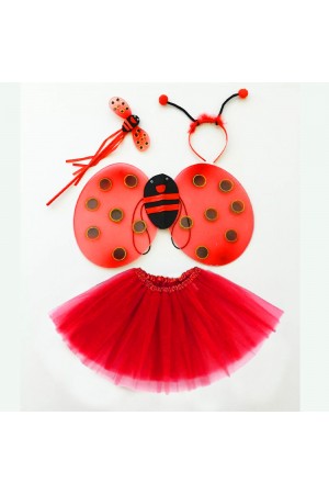Kırmızı Uğur Böceği Ateş Böceği Kostüm Seti - (Tütü, Kanat, Taç, Asa)