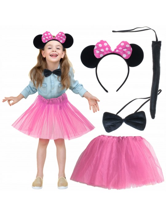 Minnie Kostüm Seti (Pembe Tütü Etek + Pembe Taç + Papyon + Kuyruk)