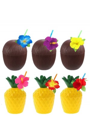 Ananas & Hindistan Cevizi Tasarımlı Pipetli Bardak Seti (6 Adet)