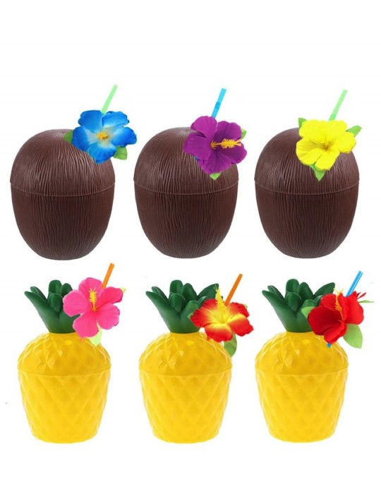 Ananas & Hindistan Cevizi Tasarımlı Pipetli Bardak Seti (6 Adet)