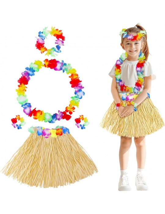 Yetişkin Çocuk Hawaii Parti Seti - 40 cm Naturel Etek + Çiçek Aksesuarlar (5 Parça)