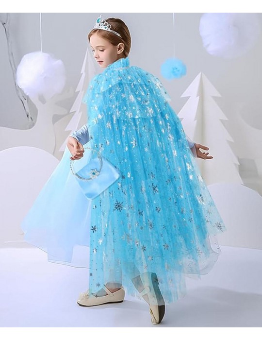 Karlar Ülkesi Elsa Frozen Mavi Pelerin 80 Cm Kar Desenli Çocuk Pelerini Taç Hariç