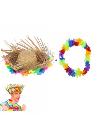 Hawaii Tarzı Tropikal Çiçekli Hasır Şapka ve Çiçekli Hawaii Kolye