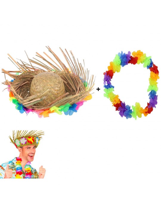 Hawaii Tarzı Tropikal Çiçekli Hasır Şapka ve Çiçekli Hawaii Kolye