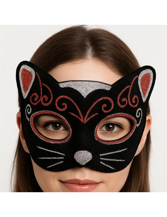 Kadife Dokulu Sim Detaylı Işıltılı Kedi Maskesi Kırmızı Gümüş 20x13 cm