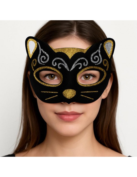 Kadife Dokulu Sim Detaylı Işıltılı Kedi Maskesi Altın Gümüş 20x13 cm