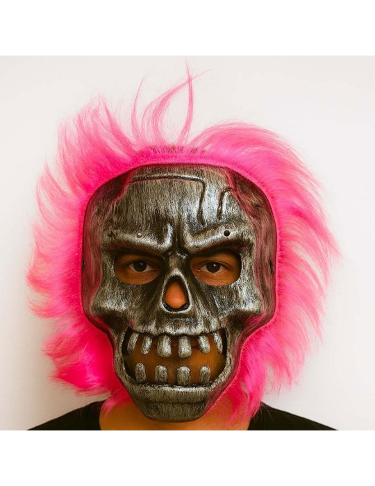 Wild Skull - Gümüş Kafatası Pembe Saçlı İskelet Maske