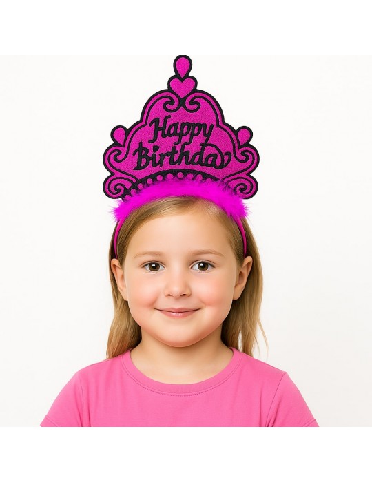 Fuşya Happy Birthday Prenses Tacı – Doğum Günü Taç Aksesuarı