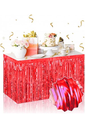 Kendinden Yapışkanlı Kırmızı Metalize Püsküllü Masa Eteği – 75 x 275 cm Parti Süslemesi