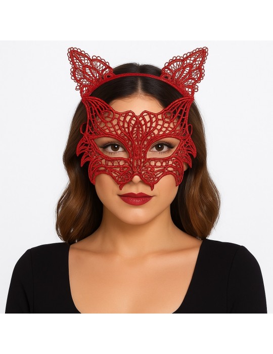 Kırmızı Dantel Kedi Maskesi ve Dantel Taç Seti – Kadın Kostüm Aksesuarı