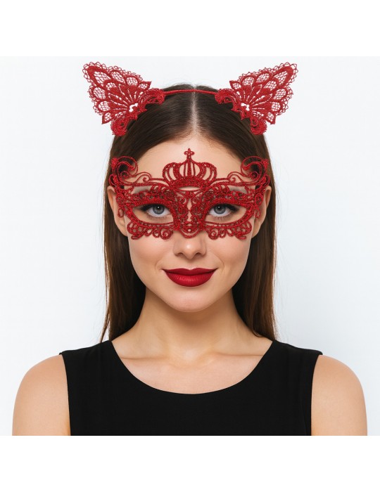 Lüks Kırmızı Dantel Taçlı Maske Seti 2 No - Parti, Balo, Kostüm Aksesuarı