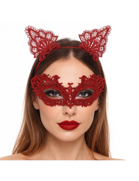 Şık Kırmızı Dantel Maske ve Taç Seti 5 No – Maskeli Balo & Özel Etkinlikler