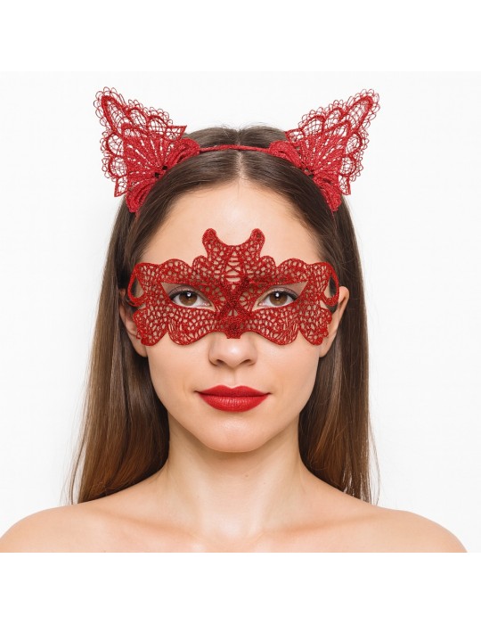 Ateş Kırmızısı Dantel Taç ve Maske Seti 10 No - Maskeli Balo & Özel Gün Seti