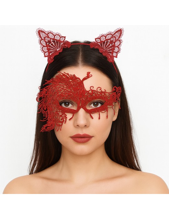 Alevin Zarafeti Kırmızı Dantel Maske ve Taç Seti 4 No – Kadın Kostüm Tamamlayıcı