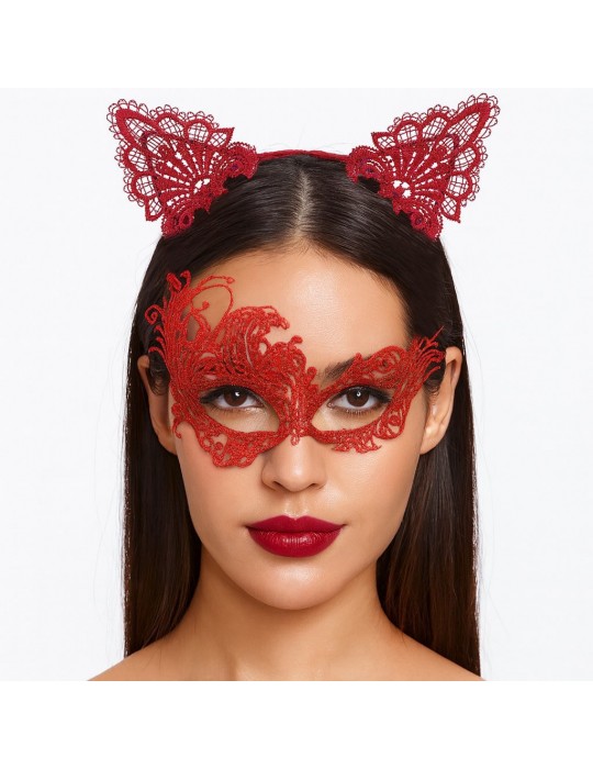 Gizemli Kırmızı Dantel Maske ve Taç Seti 1 No - Kostüm Seti