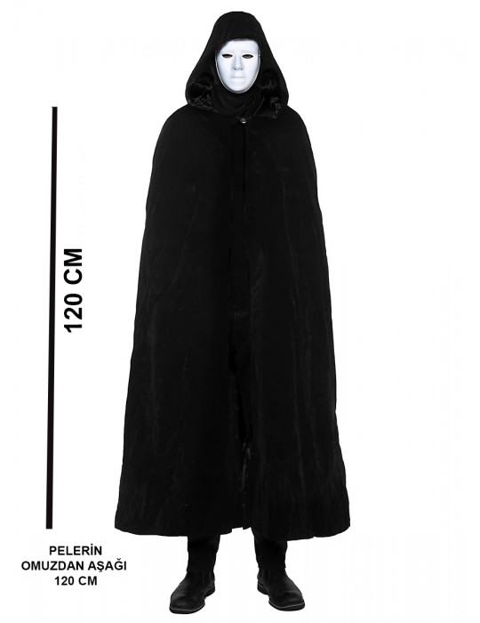 Siyah Kapüşonlu 120 cm Pelerin ve Beyaz Boyanabilir Tam Yüz Maske