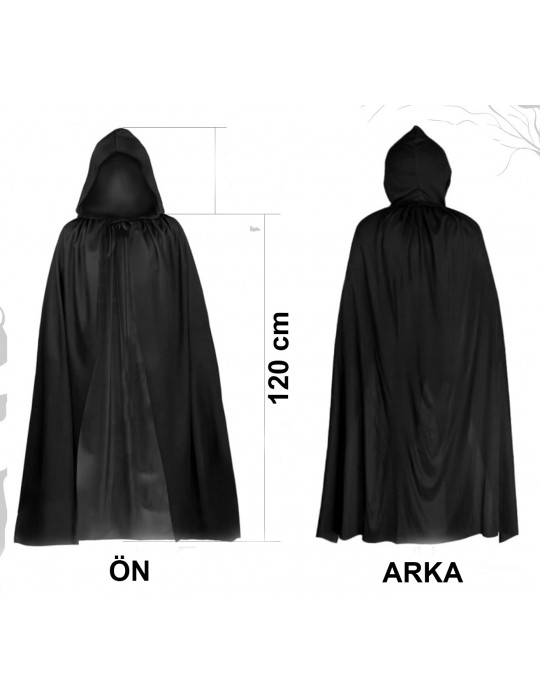 Siyah Uzun Pelerin 120 cm Kapüşonlu – Cosplay ve Parti Kostümü