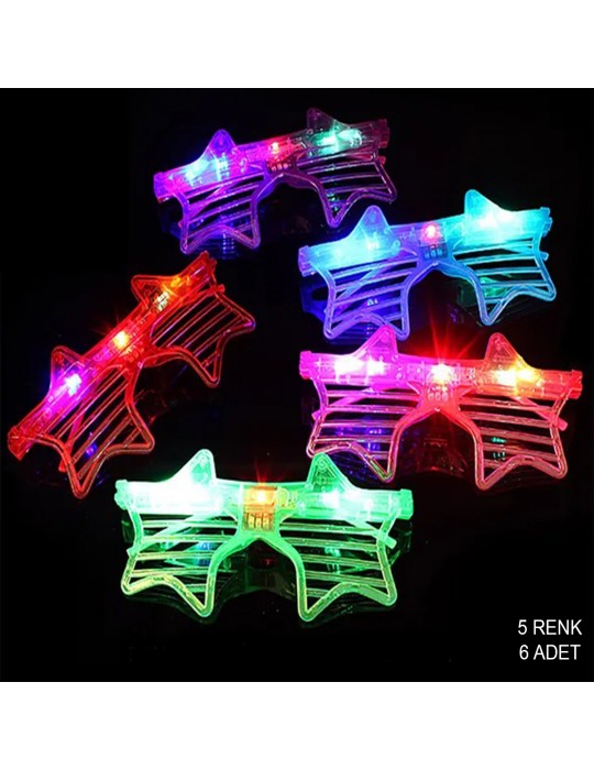 Işıklı Yıldız Şekilli Led Parti Gözlüğü 5 Renk 6 lı Set