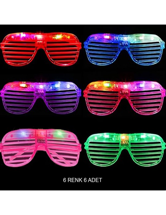 Işıklı Panjur Şeritli Led Parti Gözlüğü 6 Renk 6 lı Set