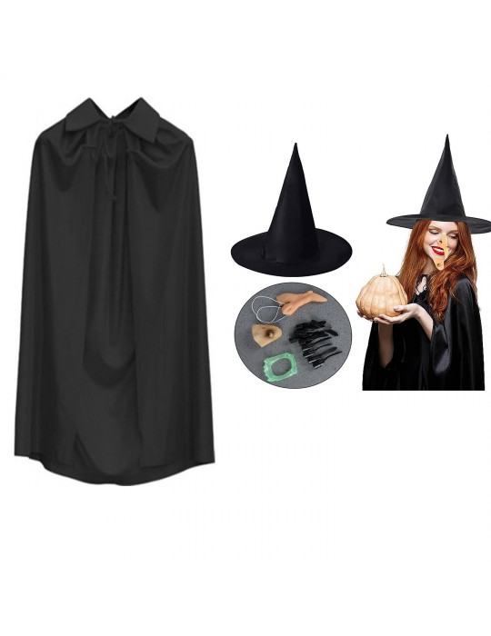 Cadı Kostüm Seti 6 Parça - Şapka Pelerin Diş Tırnaklar Çene ve Burun