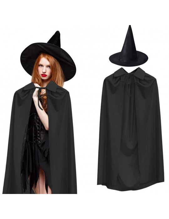 120 cm Siyah Yakalı Pelerin ve Siyah Cadı Şapkası Kostüm Seti