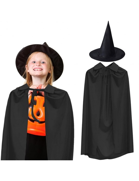 90 cm Siyah Yakalı Pelerin ve Siyah Cadı Şapkası Kostüm Seti
