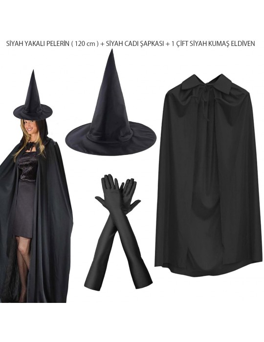 120 cm Siyah Yakalı Cadı Pelerini Cadı Şapkası ve 1 Çift Siyah Kumaş Eldiven Seti 3 Parça