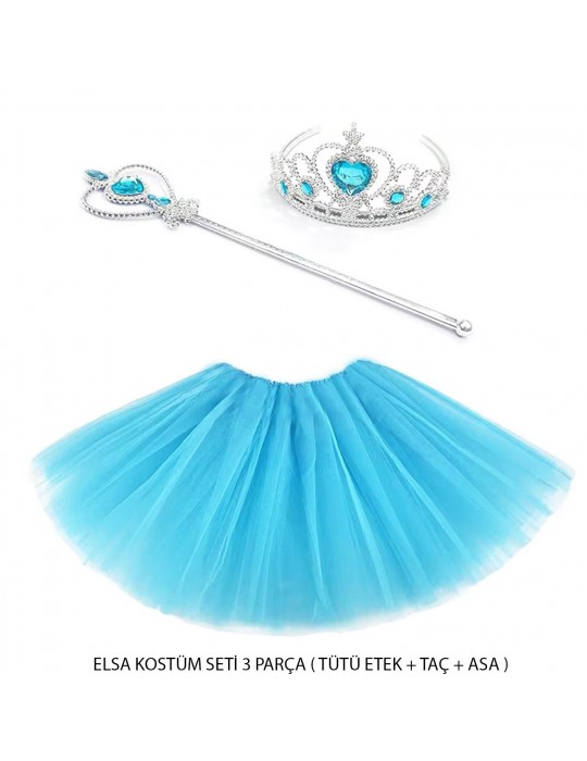 Mavi Prenses Elsa Kostüm Seti 3 Parça (Tütü Etek + Taç + Asa )