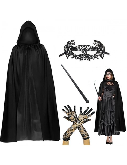 120 cm Kapüşonlu Siyah Pelerin + Asa + Dantel Maske + Uzun Dantel Siyah Eldiven Kostüm Seti