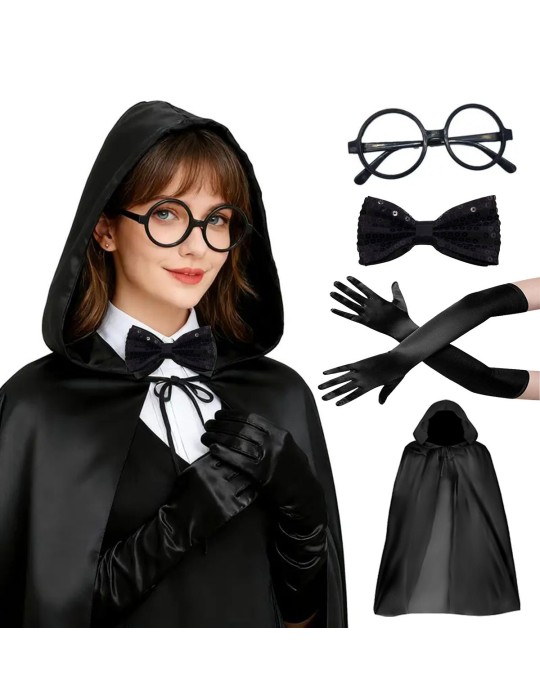 Siyah Kapüşonlu Büyücü ve Cadı Pelerin Kostüm Seti (4 Parça)