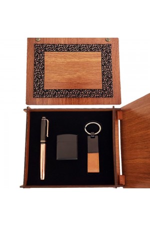 Ahşap Kutulu Bakır Roller Kalem Taba Renk Anahtarlık ve Çakmak Set