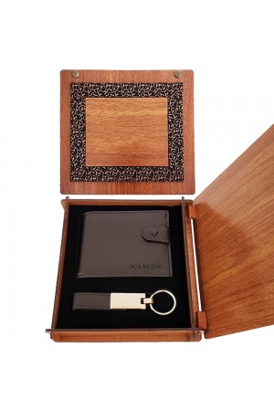 Deri Ahşap Kutulu Cüzdan ve Anahtarlık Set